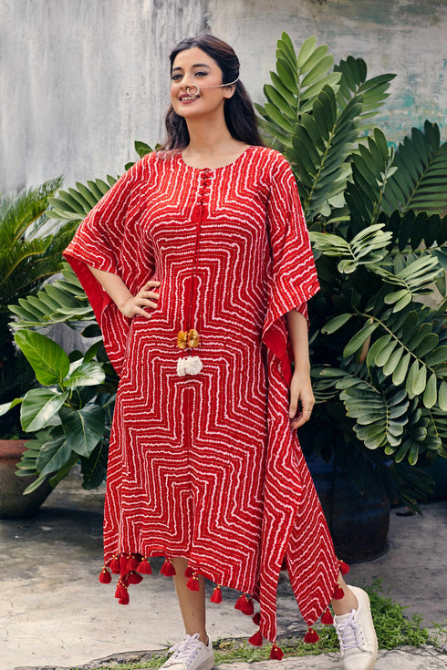 Bandhni Kaftan With Sequins Embroidery